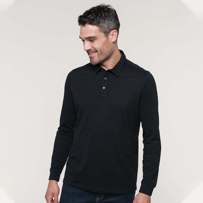 Jersey knit long sleeve polo shirt Thumbnail